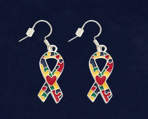 Autism Ribbon with Heart Hanging Earrings